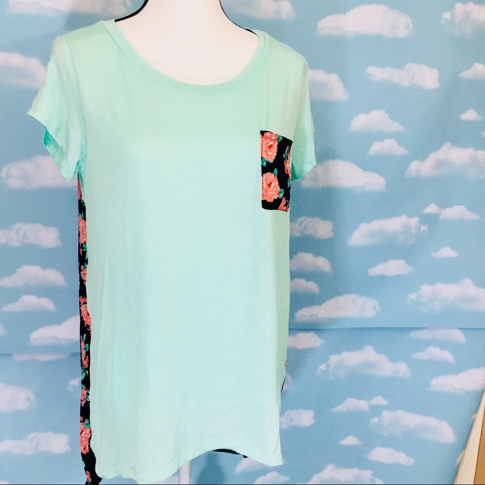 Mint and black floral high low tunic top high low